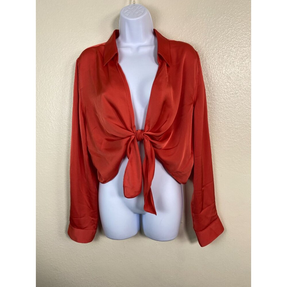 Babaton Aritzia Womens Tie Front Satin Blouse size Large Red Long Sleeve Lightwe